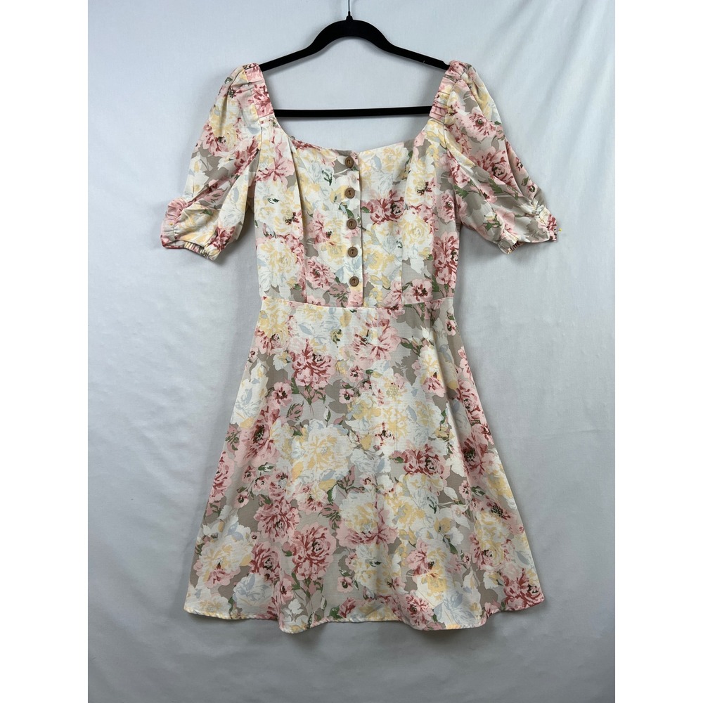 Lauren Conrad Floral Mini Dress Womens XS Pink Puff Sleeve Smocked Cottage Core